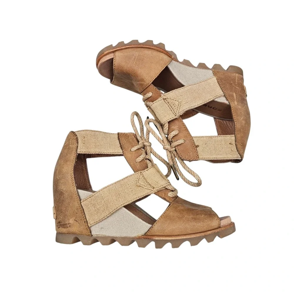 Sorel Women's Size 7 NWOB Joanie II Lace Brown Leather Strappy Lace Up Wedges